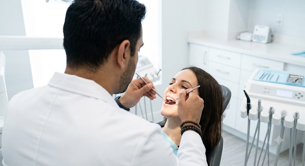 Dentist examining a patient's teeth in the chair to find the source of tooth pain
