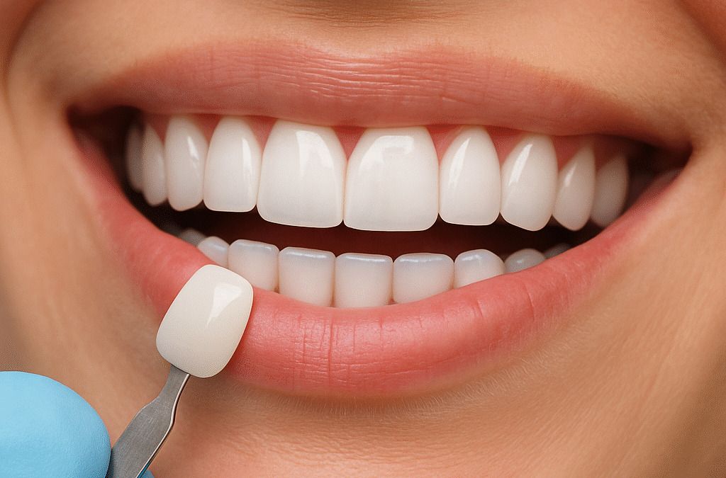 Close-up of a bright, even smile being matched to a porcelain veneer shade tab