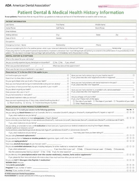 First page of the Adult Patient Forms packet